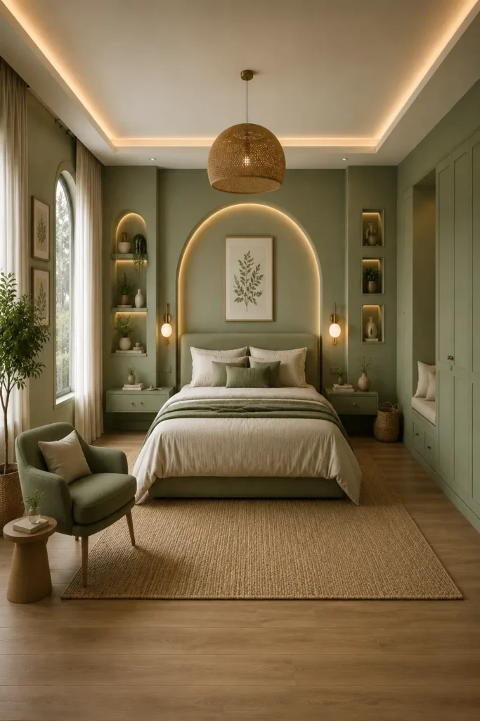  complete sage-green bedroom built around a full-wall storage suite.