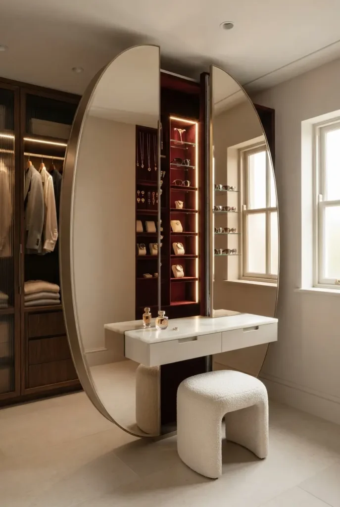 Dressing room featuring a spectacular split-mirror jewel vault.