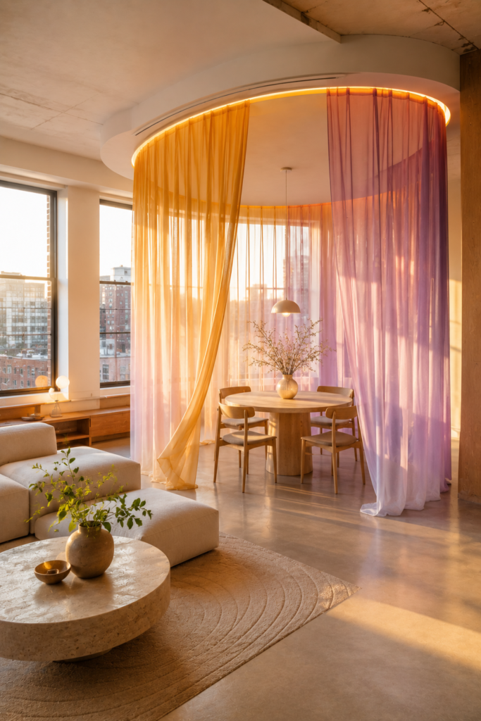 open living and dining room featuring a ceiling-mounted textile halo around the dining zone, translucent saffron-to-lilac gradient curtain.