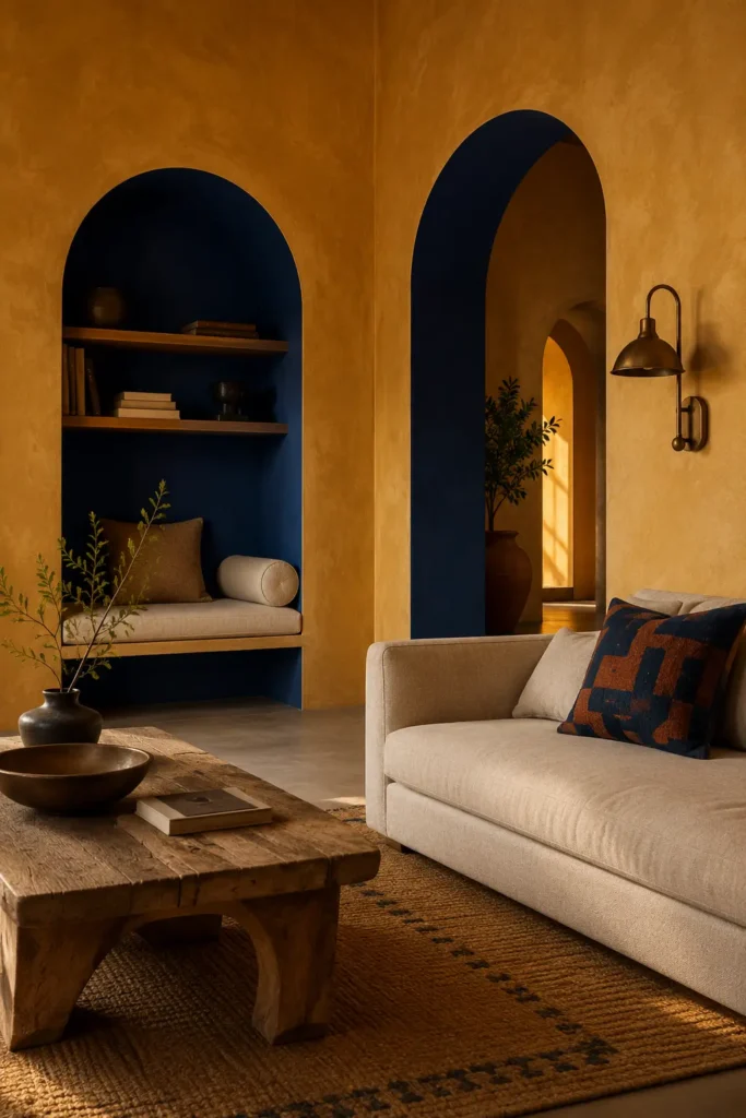 Indian-inspired living room with muted saffron mineral-painted main walls and two deep architectural arches painted saturated indigo.