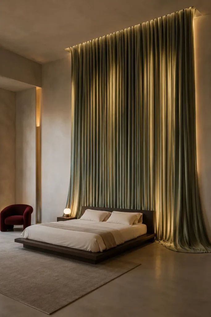 bedroom featuring a spectacular sage textile waterfall.