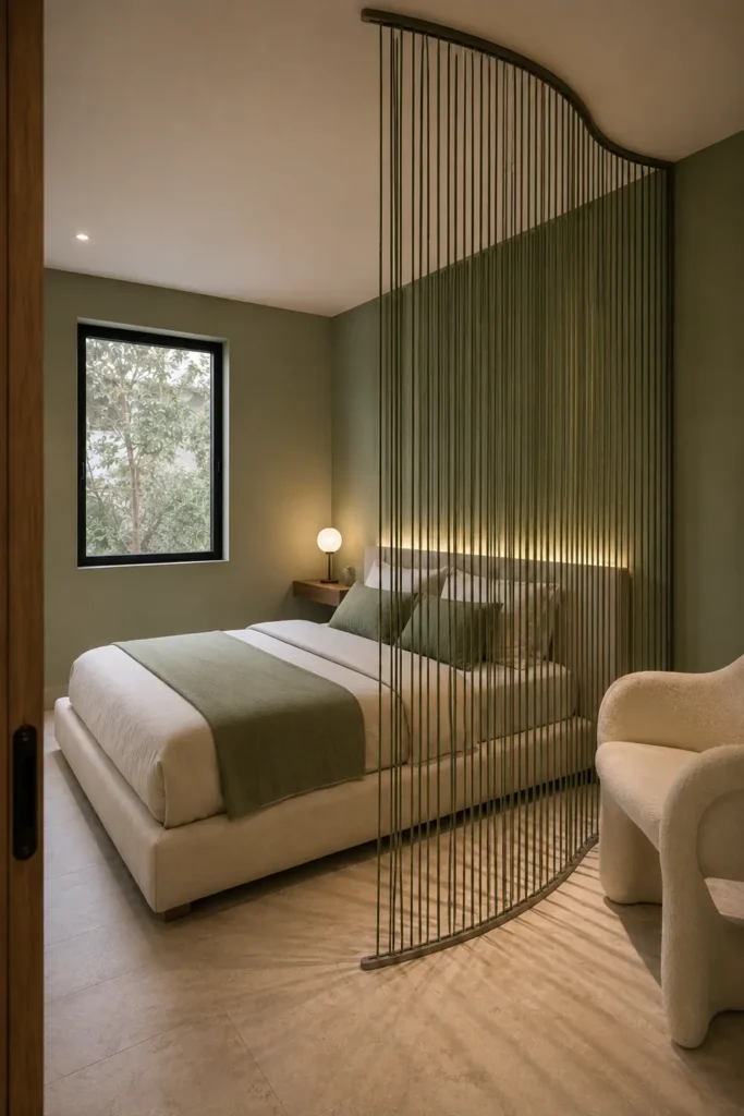  compact 9-by-11-foot sage-green bedroom featuring a lightweight tensioned string canopy wrapping only the headboard and one side of the bed.
