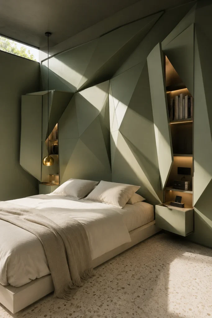 bold modern sage-green bedroom featuring a monumental origami storage wall.